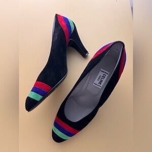 Vintage Celine striped rainbow colorful suede heels sz 36.5
